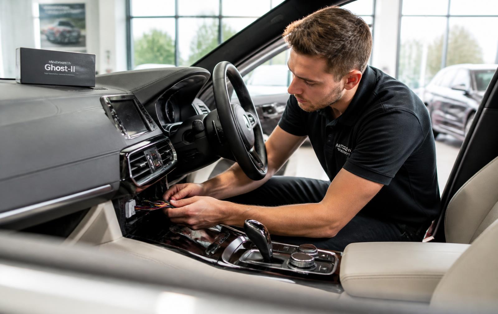 Engineer installing a vehicle immobiliser under a car dashboard